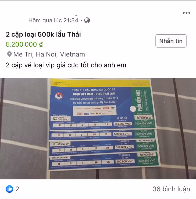Anh Long (chuyên bán vé bóng đá) cho biết: "Hiện, vé trận Việt Nam - Thái Lan còn chưa được rao bán nhiều bởi nhiều còn găm vé". Ảnh: FB