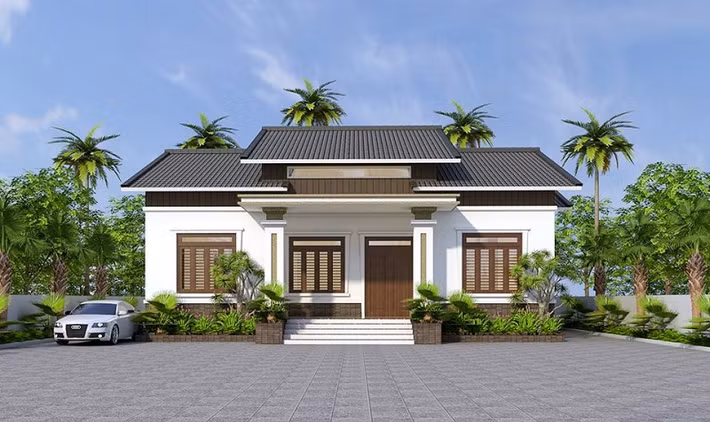 Khoảng sân trước nhà cấp 4 thiết kế khá rộng và thoáng giúp ngôi nhà có hiệu ứng thẩm mĩ cao hơn. Ảnh: Wedo.