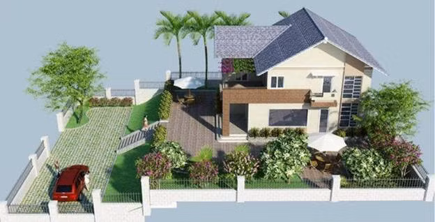 Trên diện tích 12x10m, biệt thự được xây 2 tầng và dành nhiều diện tích cho khu vực sân vườn để trồng cây. Ảnh: Wedo.