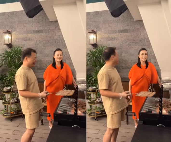 Đáng chú ý, trong clip mới đây, Shark Bình trực tiếp nướng thịt để vợ làm bún chả. Ảnh chụp màn hình