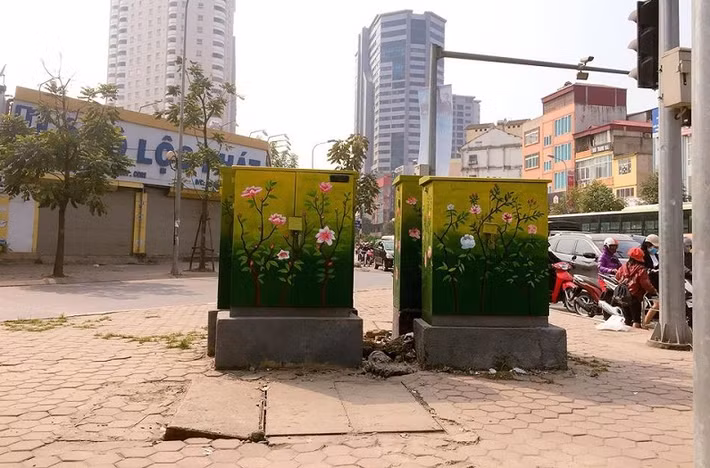 Những ngày Tết, người dân Hà Nội đi trên các tuyến phố như Khuất Duy Tiến, Tràng Thi không khỏi bất ngờ với những bốt điện cũ được "khoác áo mới" bằng những bức vẽ hoa đào, hoa sen.