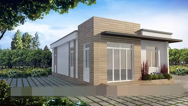 Ngôi nhà được sáng tạo theo phong cách hiện đại với gạch ốp tường sang trọng. Ảnh: Ecothanglong.
