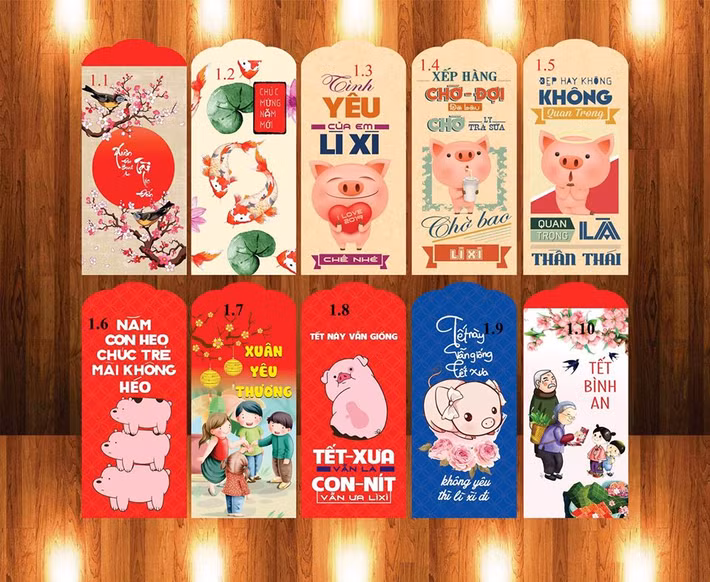 Ngoài ra còn có nhiều phong bao lì xì với đủ loại sắc màu cùng các câu nói vui nhộn của giới trẻ. Ảnh: Facebook.