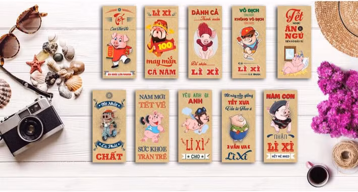 Cùng với hình ảnh chú heo ngộ nghĩnh, trên bao lì xì còn có các câu nói mang ý nghĩa vui nhộn, trẻ trung...Ảnh: Facebook.