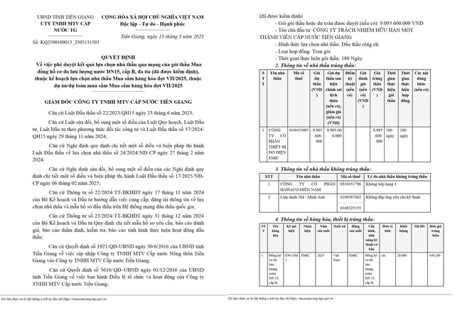Trích một phần quyết định số KQ2500109013_2505131503 ngày 13/5/2025 của Công ty TNHH MTV Cấp nước Tiền Giang phê duyệt cho Công ty CP Thiết bị đo điện EMIC trúng thầu (Nguồn MSC) qd-capnuoc-tg-trich.jpg