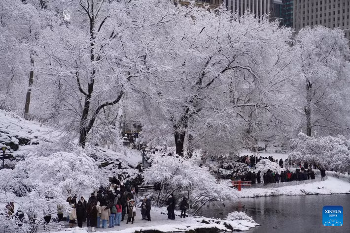 Tuyết phủ trắng xóa bên trong Công viên Trung tâm ở thành phố New York, tạo nên cảnh quan ấn tượng. Ảnh: Xinhua News.
