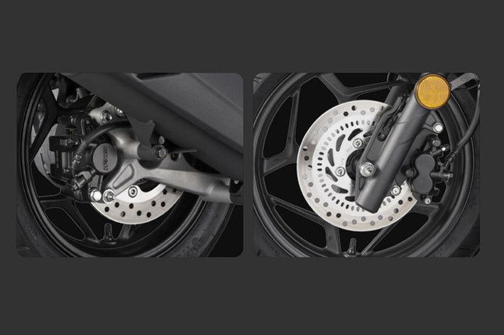 NWT150 mới được trang bị tiêu chuẩn phanh đĩa ở cả phía trước và sau. Không những vậy, trong khi Honda Air Blade và Vario chỉ được tích hợp ABS trên bánh trước, thì NWT150 mới lại sở hữu hệ thống chống bó cứng phanh ABS 2 kênh cùng với hệ thống kiểm soát lực kéo TCS, giúp người dùng tự tin hơn khi điều khiển xe trên đường.