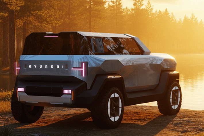 Phần đầu xe gây ấn tượng mạnh với lưới tản nhiệt cầu kỳ tích hợp logo Hyundai phát sáng, dải đèn định vị ban ngày đặt cao, cụm đèn pha chính nằm thấp và một cản trước kích thước lớn. Mui xe phẳng kết hợp cùng các hốc bánh mở rộng và cơ bắp khiến tổng thể xe trông cứng cáp, sẵn sàng vượt mọi địa hình.