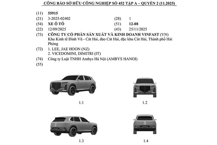 Trong Công báo Sở hữu Công nghiệp số 452 tập A, quyển 2, tháng 11/2025, VinFast đã đăng ký bảo hộ kiểu dáng cho 3 mẫu ôtô bí ẩn hoàn toàn mới. Trong đó, có 2 mẫu xe mang kiểu dáng SUV và 1 mẫu sedan.