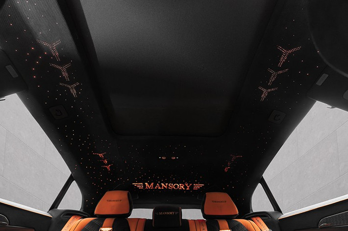Đúng với phong cách, MANSORY đã tái cấu trúc khoang nội thất, cung cấp gần như vô hạn các tùy chọn cá nhân hóa. Khách hàng có tuỳ chọn bảng màu, hoa văn chần và viền carbon theo ý thích, đảm bảo không có hai khoang lái Venatus SE nào giống nhau. Đối với chiếc xe này, các đường kẻ cam phù hợp với chủ đề ngoại thất.