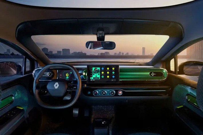 Bảng điều khiển của Renault Twingo 2026 có màn hình thông tin giải trí nổi phía trên cụm đồng hồ nhỏ hơn trông quen thuộc khi nhìn từ thùng phụ tùng của Dacia.