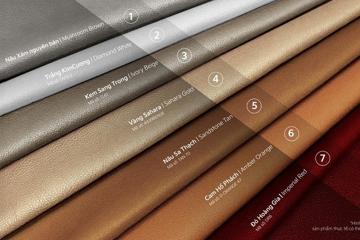 Các màu sắc bao gồm; Đỏ Hoàng gia - Imperial Red, Trắng Kim Cương - Diamond White, Kem Sang trọng - Ivory Beige, Vàng Sahara - Sahara Gold, Nâu Sa thạch - Sandstone Tan, Cam Hổ phách - Amber Orange.