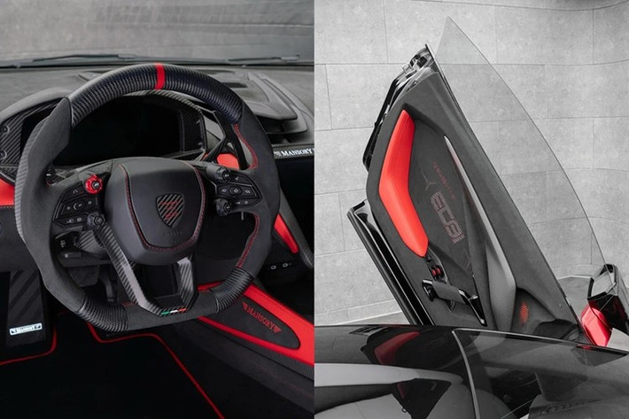 Chiếc siêu xe này nổi bật hơn nhờ vào con số 31 và tên viết tắt "EO" của tay đua Esteban Ocon tại các vị trí đặt huy hiệu Mansory, ốp ngoại thất, tapi cửa, trần xe...