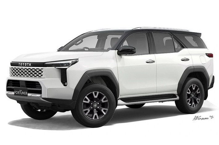 Bản dựng cho thấy Fortuner mới có thể sở hữu phần đầu xe mang phong cách “Cyber Sumo” – ngôn ngữ thiết kế mới của Hilux – với dải đèn LED ban ngày vuốt dài xuống hốc gió giả và cụm đèn sương mù được tích hợp gọn gàng.