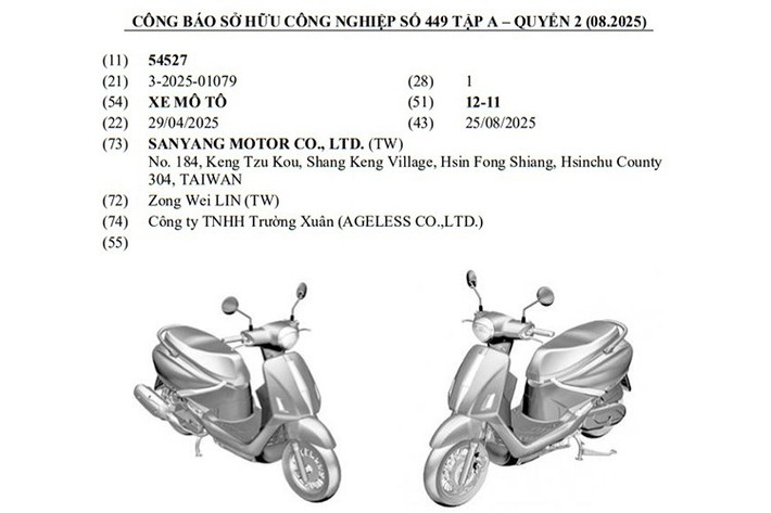 Theo Quyển 2, Công báo số 449 tập A do Cục Sở hữu trí tuệ Việt Nam công bố tháng 8/2025, Công ty Sanyang Motor (SYM) đã đăng ký bản quyền kiểu dáng công nghiệp cho một mẫu xe tay ga hoàn toàn mới. Những hình ảnh đi kèm cho thấy đây nhiều khả năng là SYM Fiddle DX 158.