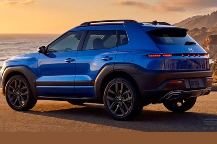 Từ hình ảnh dựng, có thể thấy phần đầu xe Hyundai Creta 2027 mới trở nên vuông vức và thể thao hơn. Cụm đèn LED được chia hai tầng, đúng với ngôn ngữ thiết kế mới của Hyundai, trong đó các chi tiết dạng điểm ảnh (pixel) tạo điểm nhấn ở dải đèn định vị ngang, còn đèn chiếu sáng chính được hạ thấp vào hốc đèn dọc trên cản trước.