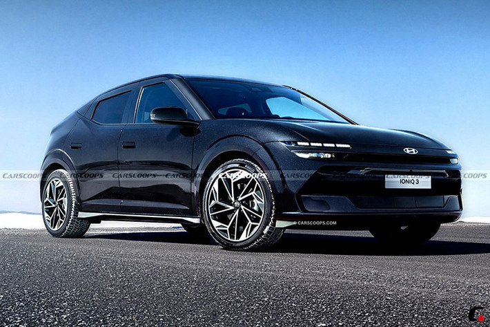 Xe điện Hyundai Ioniq 3 có tỷ lệ coupe nhỏ gọn, mặt trước trang bị dải đèn định vị LED dạng pixel, tách biệt khỏi cụm đèn chính. Thân xe liền mạch với các đường gân dập nổi nhẹ, kính cửa sổ dạng vỏ sò và bộ mâm có thiết kế khí động học.