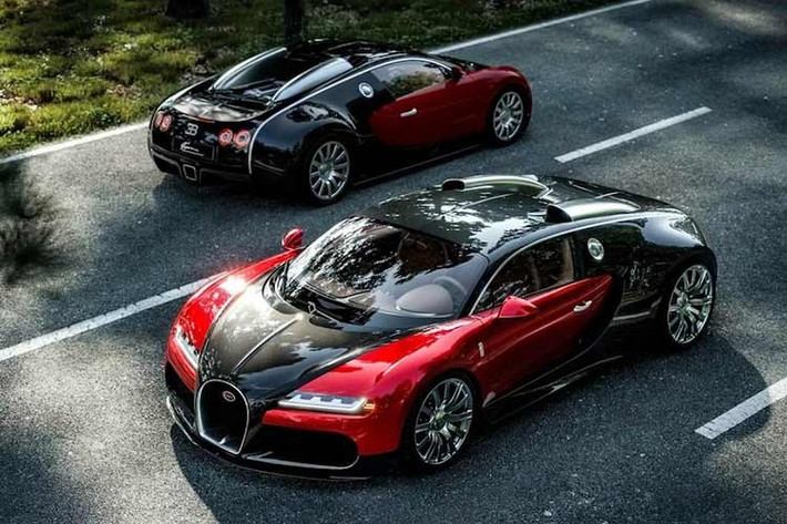 Sự kết hợp màu sơn đỏ và đen gợi nhớ trực tiếp đến mẫu concept Veyron năm 2003, nhưng công nghệ sơn hiện đại đã tạo nên một điểm nhấn độc đáo. Màu đỏ được phủ trên nền bạc để tạo chiều sâu, trong khi màu đen là sợi carbon lộ ra ngoài với lớp sơn bóng trong suốt có màu. Bộ mâm lớn hơn và lốp Michelin hiện đại hoàn thiện vẻ ngoài sang trọng của chiếc xe.