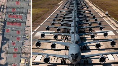 Hình ảnh vệ tinh về các máy bay KC-135 tại Al Udeid (bên trái) và màn diễu hành ‘Elephant Walk’ của các KC-135 thuộc Không quân Hoa Kỳ (USAF)