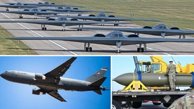 Máy bay ném bom tàng hình B-2 của Không quân Mỹ, được máy bay tiếp dầu KC-46 hỗ trợ trên không, mang theo bom xuyên phá hạng nặng GBU-57 (MOP) chuyên dùng để tấn công các mục tiêu kiên cố nằm sâu dưới lòng đất.