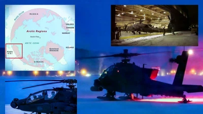 Các trực thăng AH-64E Apache của Lục quân Mỹ thuộc Sư đoàn Dù 11 đã tiến hành một cuộc tấn công chiều sâu vào ban đêm trong điều kiện Bắc Cực dưới 0 độ C khắc nghiệt tại Khu huấn luyện Yukon, Alaska, trong đợt luân phiên JPMRC 26-02, mở đường cho một cuộc đổ bộ đường không tiếp theo (Nguồn ảnh: Lục quân Mỹ / DVIDS / Britannica).