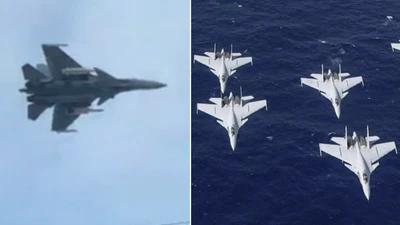 J-15 mang tên lửa hành trình YJ-15 (bên trái) và các tiêm kích J-15 hoạt động từ tàu sân bay Liêu Ninh và Sơn Đông