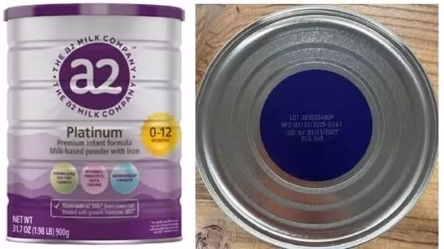 Sản phẩm sữa bột a2 Platinum Premium dành cho trẻ 0-12 tháng tuổi bị thu hồi tại thị trường Mỹ. (Ảnh FDA)