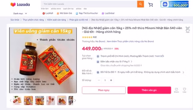 Hình ảnh quảng cáo sản phẩm viên uống giảm cân 15kg trên Lazada. Ảnh Cục An toàn thực phẩm/Nguồn vneconomy.vn