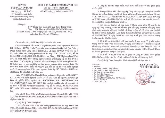 Công văn 17364/QLD-CL ngày 11/10/2019 của Cục Quản lý Dược về việc đình chỉ lưu hành thuốc Methylprednisolon 16mg không đạt tiêu chuẩn chất lượng
