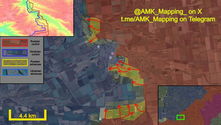 Đồng thời, quân Nga đã thực hiện một cuộc bao vây ở ngoại ô từ phía đông, kiểm soát các trang trại và chiến hào đến tận đường Vulytsia; trong khi mũi đột phá khác từ phía bắc chiếm giữ các kho hàng trên đường Myru và phát triển dọc theo đường Druzhby. Kết quả là quân Ukraine phải rút khỏi Ukrainska; ước tính, khoảng 40% khu đô thị hiện nằm dưới sự kiểm soát của RFAF.