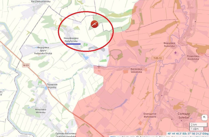 Trong khi đó, ở phía bên trái con đường T0513 từ Bakhmut đến Seversk, cuộc tấn công của RFAF về phía Nykyforivka đã tăng cường. Điều này dường như là một nỗ lực nhằm chọc thủng các tuyến phòng thủ kiên cố mà AFU đã xây dựng trước đó. Do thiếu quân số, hệ thống phòng thủ của AFU đang dần suy yếu.