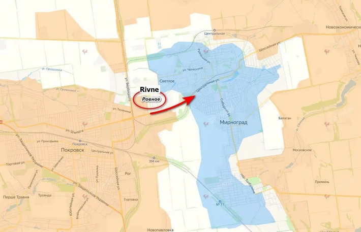 Tuy nhiên kênh Rybar cho biết, một bước đột phá thực sự đã xảy ra: khi quân Nga đã phá hủy các cứ điểm của AFU và tiến vào Myrnohrad từ hướng làng Rivne. Ngôi làng này nằm giữa hai khu đô thị Pokrovsk và Myrnohrad, đã đổi chủ nhiều lần.