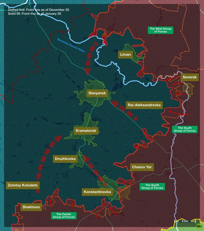 Những bước tiến dọc theo đoạn mặt trận này cho thấy sự tiến công có hệ thống của Cụm quân phía Nam RFAF, về phía cụm đô thị “song sinh” Slavyansk-Kramatorsk. Khoảng cách từ các vị trí tiền tuyến của RFAF trong khu vực Reznikovka nói trên, đến thành phố Slavyansk là khoảng 15 km.