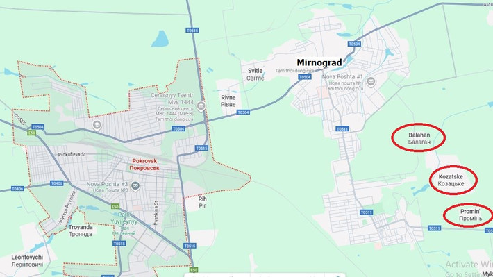 Theo kênh RVvoenkor, RFAF đang tấn công Mirnograd trên một mặt trận rộng lớn và chiếm lĩnh các làng lân cận ở phía đông. Các nhà phân tích quân sự Ukraine đã thừa nhận một cách muộn màng về việc mất Balahan, Kazatske và Promin, cũng như việc RFAF củng cố thế trận vững chắc tại Mirnograd.
