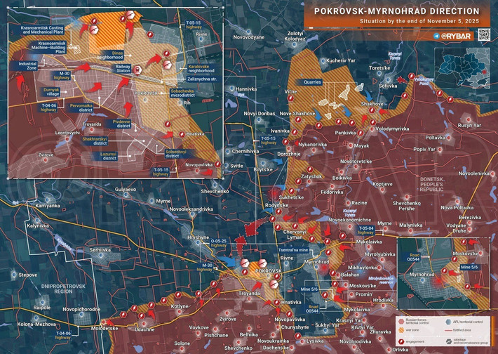 Các bản đồ chiến trường do cả Nga và Ukraine, công bố cho thấy sự thật phức tạp hơn nhiều. Chỉ riêng tại khu vực nhà ga của Pokrovsk, quân số RFAF đã vượt xa một đại đội. Giờ đây, gần một nửa Pokrovsk đã nằm trong tay Nga; những tuyên bố của truyền thông Ukraine chỉ là sự tự lừa dối.