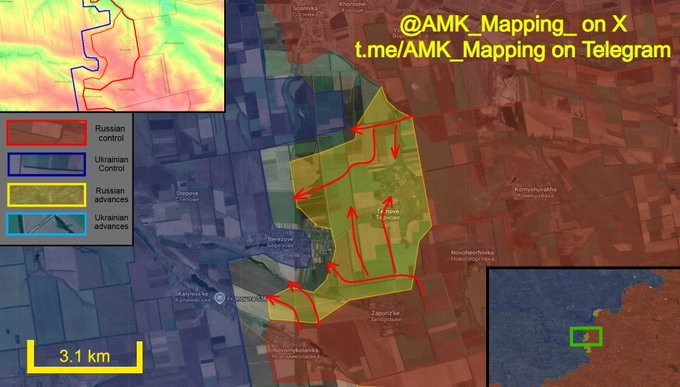 Sau khi đột phá và giành quyền kiểm soát làng Novomykolaivka, RFAF bắt đầu tiến về Berezove từ phía nam và chiếm được các hàng cây trên đường tiếp cận ngôi làng. Họ cũng chiếm được nhiều hàng cây trên điểm cao phía bắc Zaporizhzhia và bắt đầu vòng qua Ternove từ phía tây.
