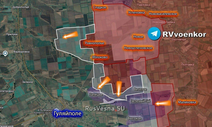 Theo các bản tin của truyền thông Nga, thị trấn tiền tuyến Huliaipole ở Zaporozhye đã bắt đầu rơi vào vòng vây của Nga, hiện Kiev đã sơ tán toàn bộ nhân viên chính quyền khỏi thị trấn, và quân Ukraine đã phải rút khỏi nhiều vị trí, bao gồm cả Novopavlivka ở tỉnh Dnipropetrovsk, với lý do họ đang "di chuyển đến những vị trí tốt hơn để chiến đấu".