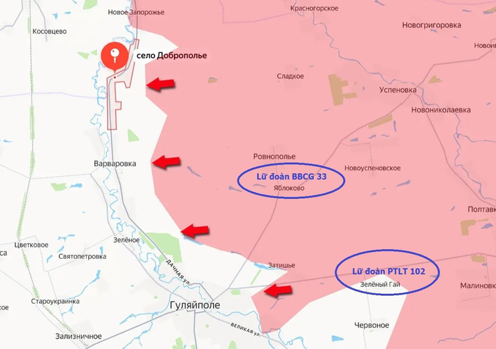 Khi Huliaipole đang trong tình trạng nguy cấp, Bộ Tổng tham mưu AFU đã vội vàng chuyển một phần Trung đoàn 33 đến Huliaipole để giúp “dập tắt đám cháy”. Do đó, Lữ đoàn 102 được tái triển khai về phía đông Novouspenivske, Vesele, Zelenyi Gai và Vysoke, tạo thành sườn phải của hệ thống phòng thủ.