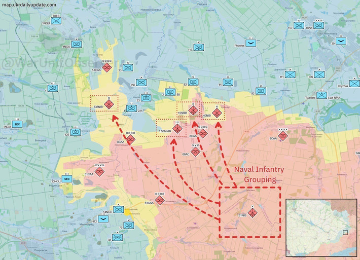 Trong khi giao tranh ở mặt trận phía bắc đang diễn ra ác liệt, quân Nga ở phía nam Kucheriv Yar vẫn đang tiến về phía đông, thậm chí còn chiếm được một phần khu vực khai thác mỏ. Đừng đánh giá thấp khu vực khai thác mỏ này; nó cực kỳ hữu ích cho quân Nga.