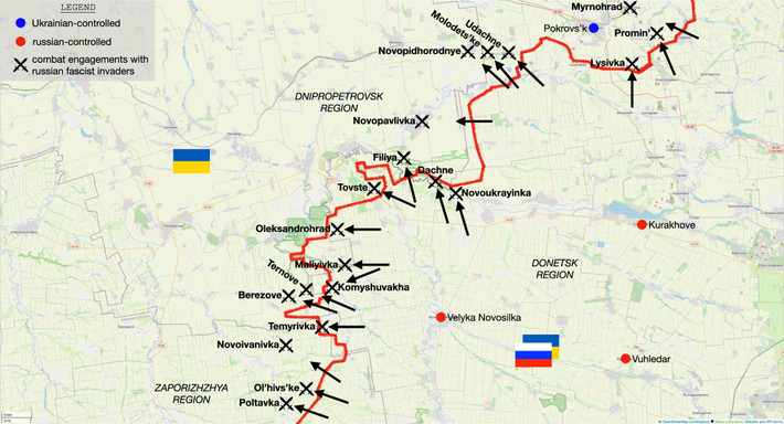 Khi mũi đột phá của RFAF, chiếm được các hàng cây gần khe núi phía bắc Ternove và bắt đầu tiến về phía tây nam hướng đến hàng cây phía bắc Berezove, quân Ukraine buộc phải rút khỏi ngôi làng. Kênh Rybar cho biết, RFAF tiếp tục phát tiến về phía tây qua tỉnh Zaporizhzhia và tiến hơn 5km đến làng Novoivanivka.