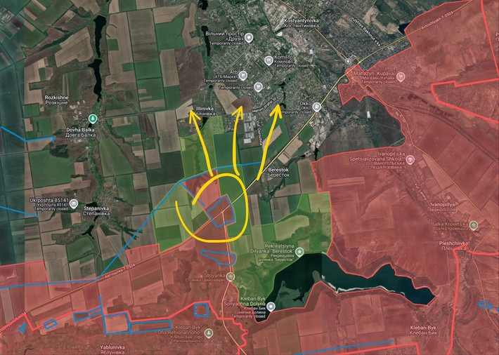 Trong khi Lữ đoàn Pháo binh 238 của Nga tiếp tục tấn công quân Ukraine gần Raisk (phía tây nam Druzhkivka) bằng UAV FPV. Còn phân đội UAV FPV thuộc Tiểu đoàn Trinh sát Độc lập số 68 của Sư đoàn Bộ binh Cơ giới số 20 RFAF, đang tiến hành các cuộc tấn công gần Mikolaipypiya (phía nam Druzhkivka) và Novokhrikhorivka (phía tây nam Druzhkivka).