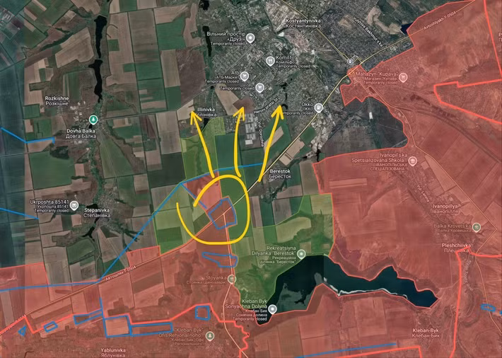 Trong khi Lữ đoàn Pháo binh 238 của Nga tiếp tục tấn công quân Ukraine gần Raisk (phía tây nam Druzhkivka) bằng UAV FPV. Còn phân đội UAV FPV thuộc Tiểu đoàn Trinh sát Độc lập số 68 của Sư đoàn Bộ binh Cơ giới số 20 RFAF, đang tiến hành các cuộc tấn công gần Mikolaipypiya (phía nam Druzhkivka) và Novokhrikhorivka (phía tây nam Druzhkivka).