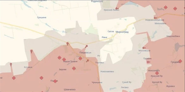 Tuy nhiên, trên bản đồ chiến sự của kênh Deep State, có liên hệ mật thiết với Tổng cục tình báo quân đội Ukraine (GRU), toàn bộ khu vực chiến sự Pokrovsk xuất hiện như một vùng xám, không được kiểm soát bởi cả hai bên, và Myrnohrad được coi là bị bao vây một phần.