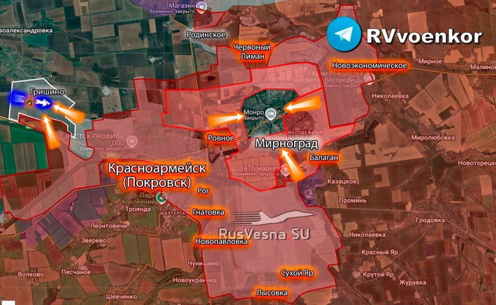 Hôm qua, Tổng Tham mưu trưởng Lực lượng Vũ trang Nga, tướng Valery Gerasimov, trong một cuộc họp báo với các tùy viên quân sự nước ngoài, đã thông báo rằng, hiện Quân đội Nga (RFAF) đã kiểm soát hơn một nửa khu đô thị Myrnohrad. Trong khi khu đô thị Pokrovsk đã do RFAF kiểm soát hoàn toàn.