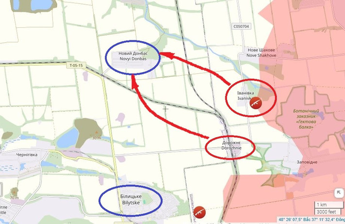 Trên hướng tây nam, quân Nga giành quyền kiểm soát hoàn toàn Ivanivka. Từ đó, họ tiếp tục xâm nhập về phía tây theo hướng Novyi Donbas. Trước đó, cuộc đột kích vào Novyi Donbas được thực hiện dọc theo tuyến đường sắt từ Dorozhnje. Bên cạnh đó, giao tranh tiếp tục diễn ra ở phía tây và trung tâm Nove Shakhove, với việc cả hai bên cùng hoạt động tích cực.