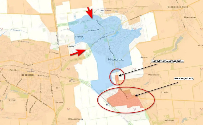 Trang Military Review của Nga đưa tin, các đơn vị xung kích của Tập đoàn quân 51, thuộc Cụm quân Trung tâm Quân đội Nga, đã tiến vào khu đô thị Myrnohrad của thành phố Pokrovsk từ một hướng khác, phá hủy các cứ điểm của Quân đội Ukraine (AFU) gần làng Rivne.