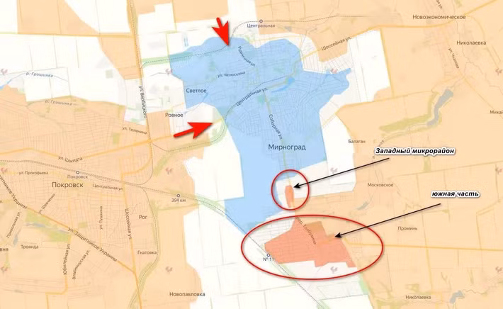 Trang Military Review của Nga đưa tin, các đơn vị xung kích của Tập đoàn quân 51, thuộc Cụm quân Trung tâm Quân đội Nga, đã tiến vào khu đô thị Myrnohrad của thành phố Pokrovsk từ một hướng khác, phá hủy các cứ điểm của Quân đội Ukraine (AFU) gần làng Rivne.