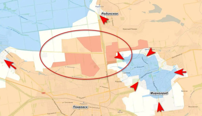 Theo các thông tin mới nhất, quân đội Ukraine (AFU) đã mất đi ngay cả cơ hội nhỏ nhất để thoát khỏi vòng vây ở Myrnohrad, khi RFAF đã đạt được những bước tiến đáng kể ở phía bắc Pokrovsk về phía thị trấn Rodinske, kiểm soát thêm một phần vùng xám; qua đó cắt đứt hoàn toàn mọi tuyến đường thoát khỏi Myrnohrad.