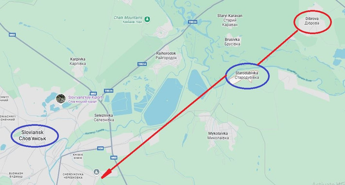 Một khi quân Nga kiểm soát hoàn toàn Dibrova, họ sẽ có thể tiến đến bờ đông sông Seversky Donets từ hướng này, hướng khu vực làng Starodubovka (được đánh dấu trên mảnh bản đồ). Về cơ bản, đây là ngôi làng cuối cùng sau Dibrova, có thể ngăn cản quân Nga tiếp cận với thành phố “song sinh” Slavyansko-Kramatorsk ở phía đông bắc.