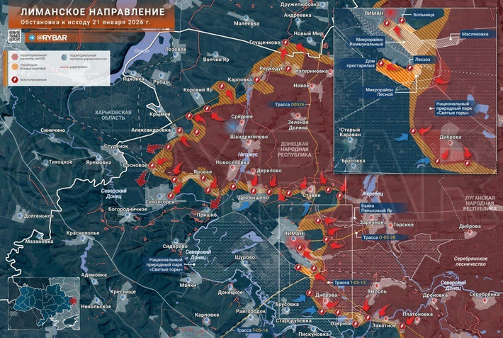 Cùng với việc tiến công Lyman, trong những ngày gần đây, khu vực kiểm soát của Tập đoàn quân số 20 RFAF, đã mở rộng ở khu vực rừng phía nam Oleksandrivka, cũng như ở khu vực Yarova. Sau khi thiết lập được đầu cầu ở bờ phải sông Zherebets, quân Nga đã tổ chức tiến công.